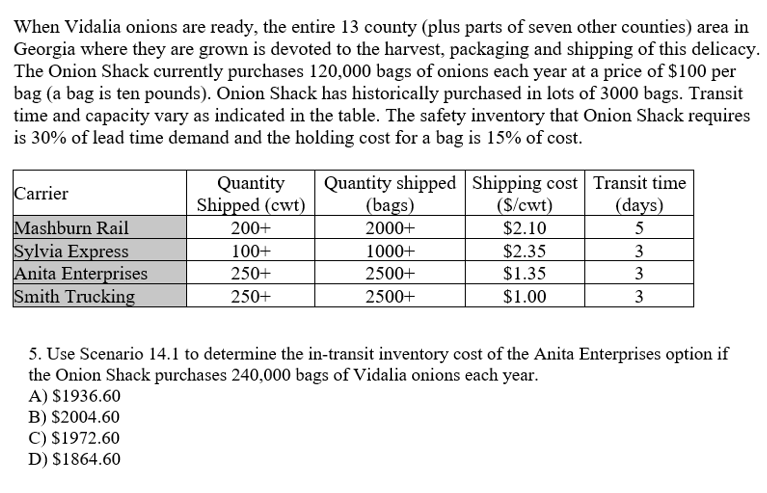 When Vidalia onions are ready, the entire 13 county (plus parts of seven other counties) area in
Georgia where they are grown is devoted to the harvest, packaging and shipping of this delicacy.
The Onion Shack currently purchases 120,000 bags of onions each year at a price of $100 per
bag (a bag is ten pounds). Onion Shack has historically purchased in lots of 3000 bags. Transit
time and capacity vary as indicated in the table. The safety inventory that Onion Shack requires
is 30% of lead time demand and the holding cost for a bag is 15% of cost.
Carrier
Mashburn Rail
Sylvia Express
Anita Enterprises
Smith Trucking
Quantity
Shipped (cwt)
200+
100+
250+
250+
B) $2004.60
C) $1972.60
D) $1864.60
Quantity shipped Shipping cost Transit time
(S/cwt)
(days)
$2.10
5
3
3
3
(bags)
2000+
1000+
2500+
2500+
$2.35
$1.35
$1.00
5. Use Scenario 14.1 to determine the in-transit inventory cost of the Anita Enterprises option if
the Onion Shack purchases 240,000 bags of Vidalia onions each year.
A) $1936.60