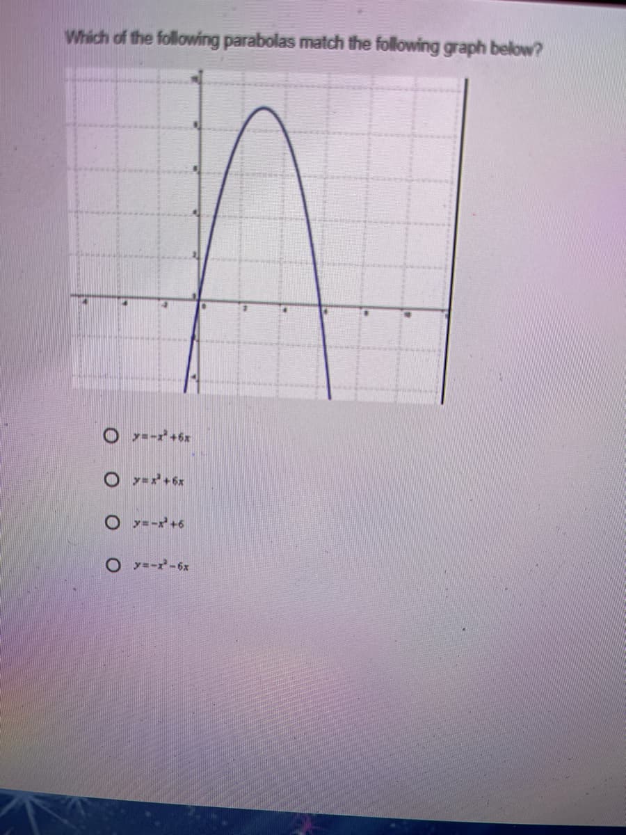 Which of the following parabolas match the following graph below?
4
O --+5x
O y=+6x
O y=-x+6
O y--r-6x
