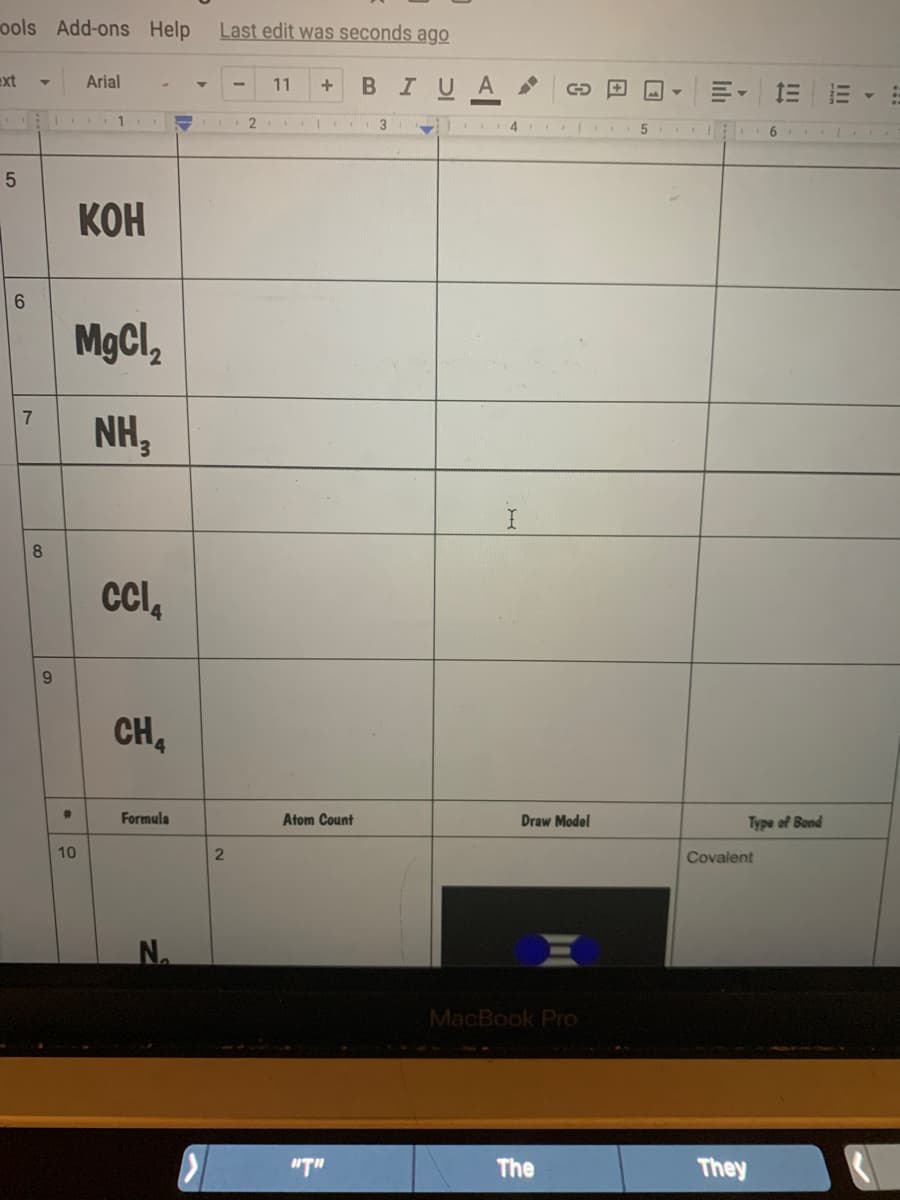 ools Add-ons Help
Last edit was seconds ago
ext
Arial
BIUA
11
三
1
4
6.
КОН
6.
MgCl2
7
NH,
8
CI,
9.
CH,
%23
Formula
Atom Count
Draw Model
Type of Bond
10
Covalent
N.
MacBook Pro
"T"
The
They
III
