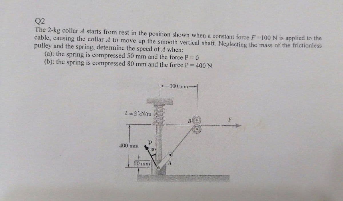 Q2
The 2-kg collar A starts from rest in the position shown when a constant force F=100 N is applied to the
cable, causing the collar A to move up the smooth vertical shaft. Neglecting the mass of the frictionless
pulley and the spring, determine the speed of A when:
(a): the spring is compressed 50 mm and the force P = 0
(b): the spring is compressed 80 mm and the force P = 400 N
300 mm
k = 2 kN/m
P
400 mm
50 mm
30
B
F