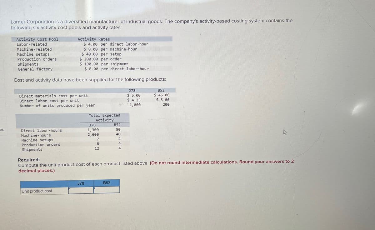 es
Larner Corporation is a diversified manufacturer of industrial goods. The company's activity-based costing system contains the
following six activity cost pools and activity rates:
Activity Rates
$ 4.00 per direct labor-hour
$ 8.00 per machine-hour
Machine setups
$ 40.00 per setup
Production orders
$ 200.00 per order
Shipments
$190.00 per shipment
General factory
$ 8.00 per direct labor-hour
Cost and activity data have been supplied for the following products:
Activity Cost Pool
Labor-related
Machine-related
Direct materials cost per unit
Direct labor cost per unit
Number of units produced per year
Direct labor-hours
Machine-hours
Machine setups
Production orders
Shipments
Unit product cost
Total Expected
Activity
J78
J78
1,300
2,600
7
8
12
B52
50
B52
59444
40
378
$ 5.00
$ 4.25
1,000
Required:
Compute the unit product cost of each product listed above. (Do not round intermediate calculations. Round your answers to 2
decimal places.)
B52
$ 46.00
$ 5.00
200
E