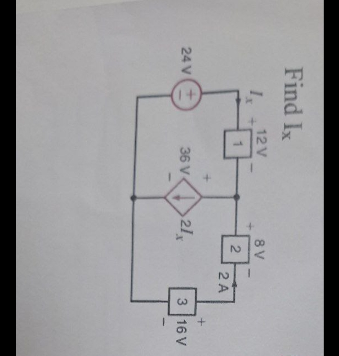 Find Ix
24 V
12 V
1
36 V
8 V
2
21x
FA
2 A
+
3 16 V