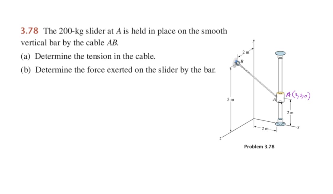 3.78 The 200-kg slider at A is held in place on the smooth
vertical bar by the cable AB.
(a) Determine the tension in the cable.
(b) Determine the force exerted on the slider by the bar.
5m
2 m
-2 m
Problem 3.78
