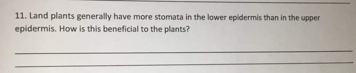 11. Land plants generally have more stomata in the lower epidermis than in the
upper
epidermis. How is this beneficial to the plants?
