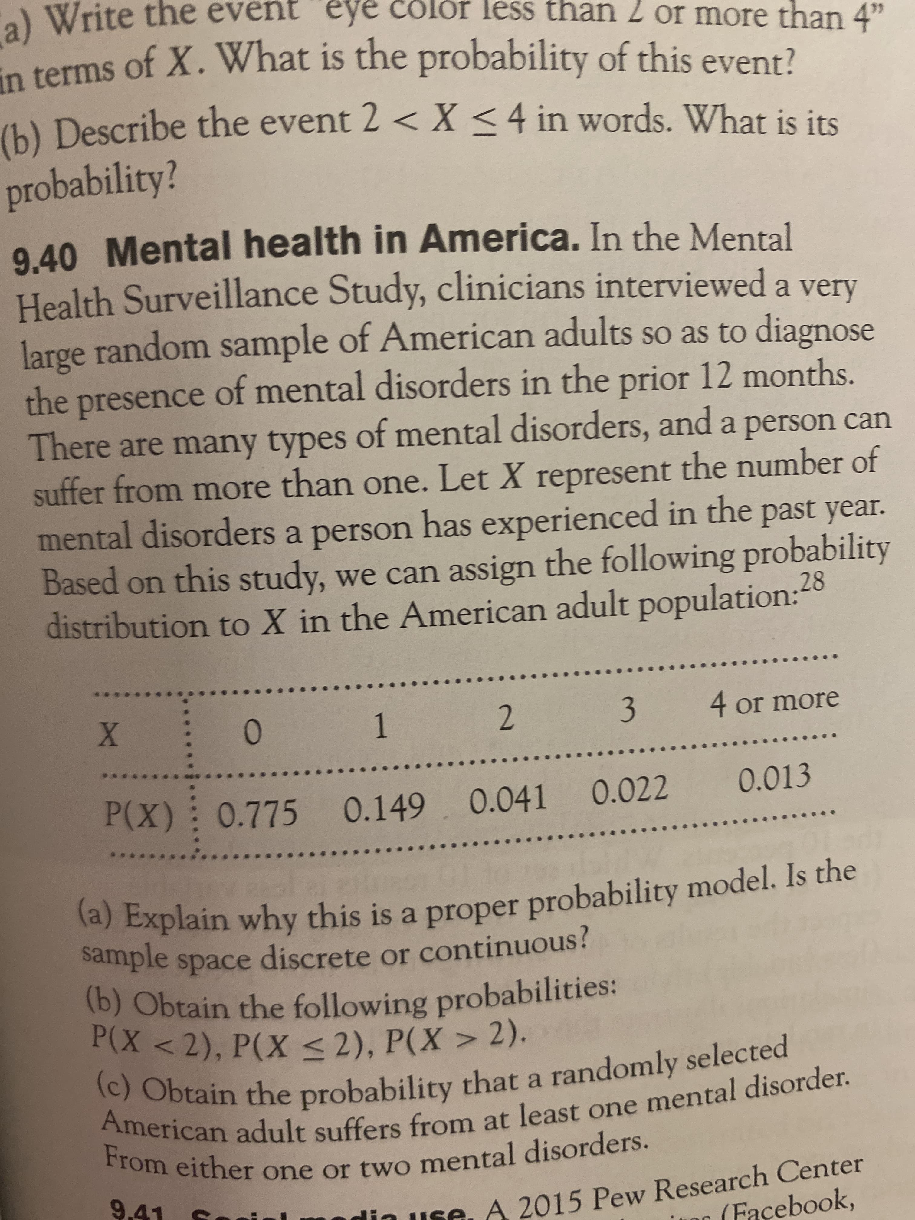 (a) this is a Is the
American at one disorder.
(c) Obtain the that a selected
a) Write the event "e
ye color less than 2 or more than 4"
in terms of X. What is the probability of this event?
(b) Describe the event 2 < X <4 in words. What is its
probability?
9.40 Mental health in America. In the Mental
Health Surveillance Study, clinicians interviewed a very
large random sample of American adults so as to diagnose
the presence of mental disorders in the prior 12 months.
There are many types of mental disorders, and a person can
suffer from more than one. Let X represent the number of
mental disorders a person has experienced in the past year.
Based on this study, we can assign the following probability
28
distribution to X in the American adult population:40
1
3 4 or more
P(X): 0.775 0.149 0.041 0.022
0.013
la) Explain why this is a proper probability model. Is the
sample space
discrete or continuous?
a
herican adult suffers from at least one mental disorder.
Trom either one or two mental disorders.
din use, A 2015 Pew Research Center
(Façebook,
9.41 foi
