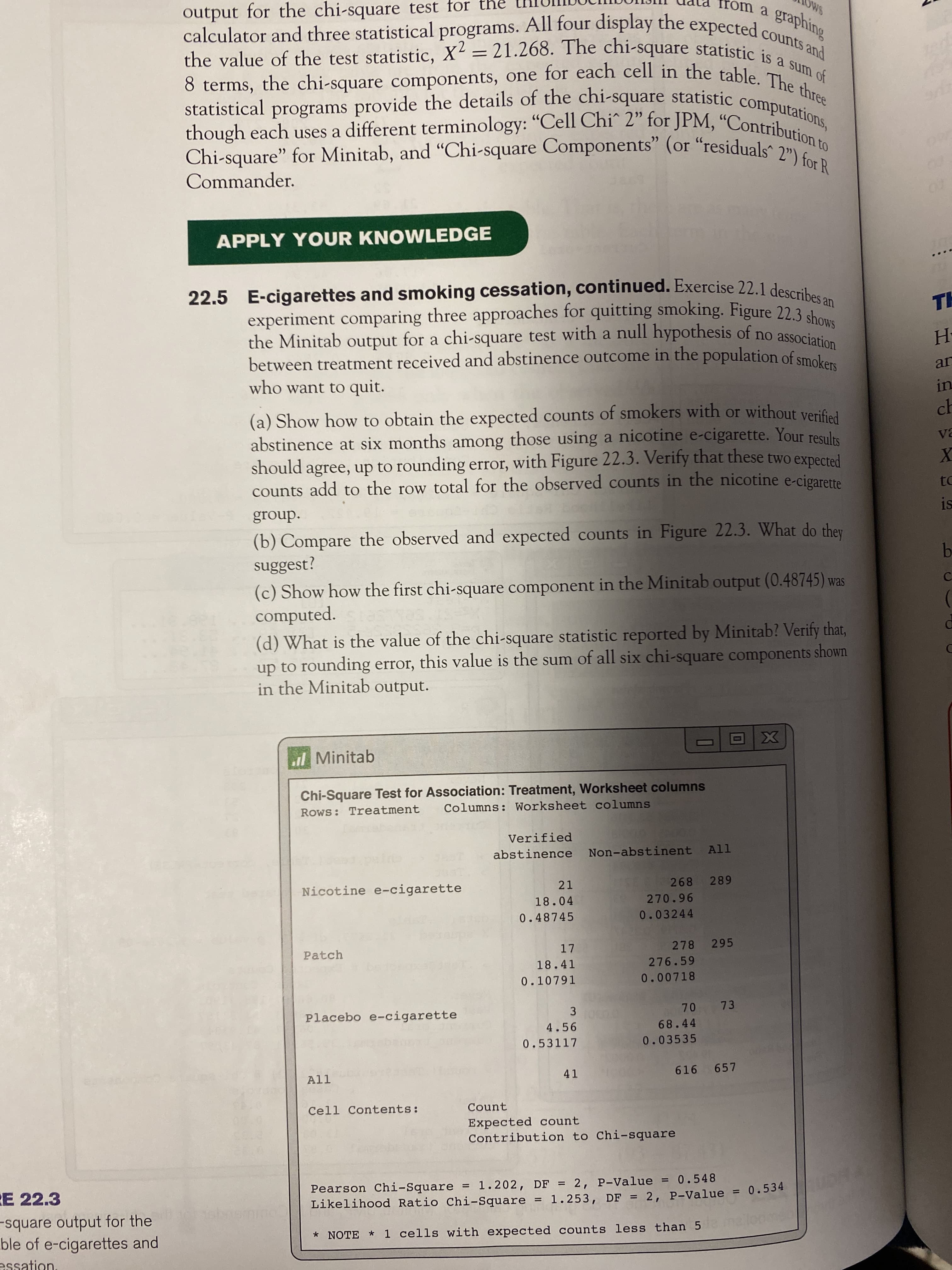 output for the chi-square test for the
calculator and three statistical programs. All four display the expected
rom a
SMC
graphing
the value of the test statistic, X² = 21.268. The chi-square statistic ie nts and
statistical
though each uses a different terminology: "Cell Chi" 2" for JPM, “Contribuons,
Commander.
APPLY YOUR KNOWLEDGE
experiment comparing three approaches for quitting smoking. Figure 22 3 an
the Minitab
output
for a chi-square test with a null hypothesis of no associari
between treatment received and abstinence outcome in the population of smol
who want to quit.
ar
in
(a) Show how to obtain the expected counts of smokers with or without verifiel
abstinence at six months among those using a nicotine e-cigarette. Your resuls
should agree, up to rounding error, with Figure 22.3. Verify that these two expecteid
counts add to the row total for the observed counts in the nicotine e-cigarette
ch
to
group.
is
(b) Compare the observed and expected counts in Figure 22.3. What do they
suggest?
b.
(c) Show how the first chi-square component in the Minitab output (0.48745) was
C.
computed.
(d) What is the value of the chi-square statistic reported by Minitab? Verify that,
up to rounding error, this value is the sum of all six chi-square components shown
in the Minitab output.
l Minitab
Chi-Square Test for Association: Treatment, Worksheet columns
Rows: Treatment
Columns: Worksheet columns
Verified
abstinence Non-abstinent All
Nicotine e-cigarette
21
268 289
18.04
270.96
0.48745
0.03244
Patch
17
278 295
18.41
276.59
0.10791
0.00718
Placebo e-cigarette
3
73
4.56
68.44
0.53117
0.03535
All
41
616 657
Cell Contents:
Count
Expected count
Contribution to Chi-square
RE 22.3
Pearson Chi-Square = 1.202, DF = 2, P-Value = 0.548
Likelihood Ratio Chi-Square = 1.253, DF = 2, P-Value = 0.534
square output for the
ble of e-cigarettes and
* NOTE * 1 cells with expected counts less than 5
essation.
