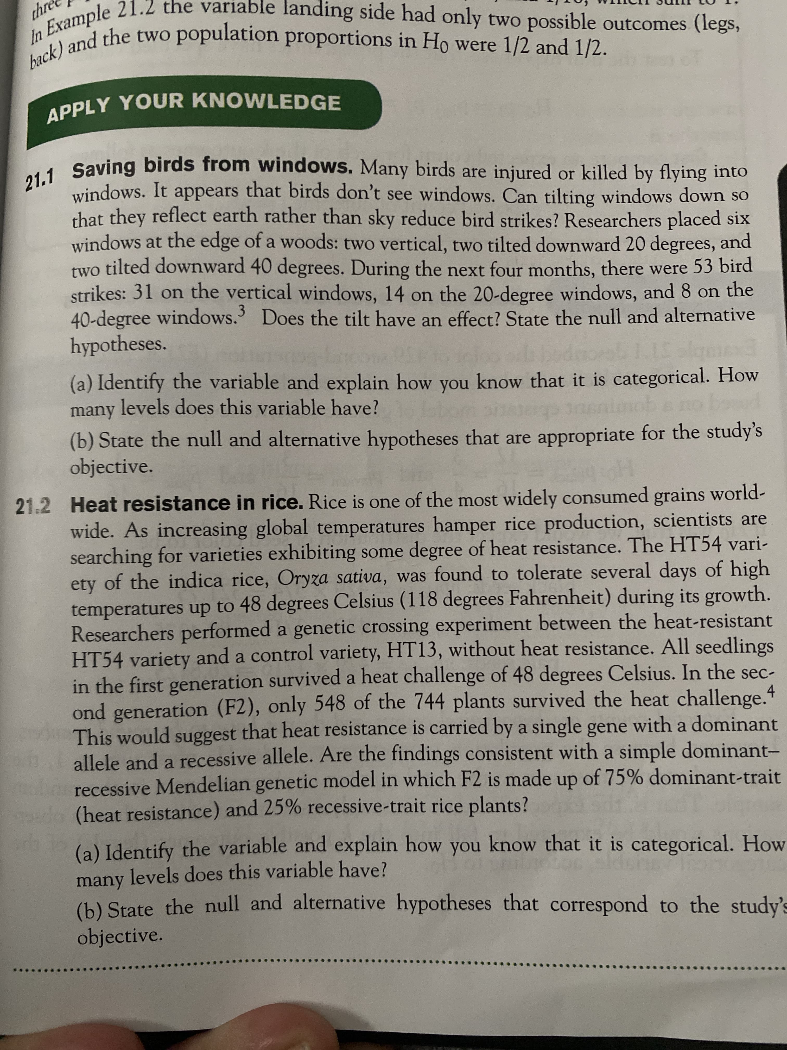 пр
hree Pnle 21.2 the variable landing side had only two possible outcomes (legs,
In Exend the two population proportions in Họ were 1/2 and 1/2.
4 Saving birds from windows. Many birds are injured or killed by flying into
windows. It appears that birds don't see windows. Can tilting windows down so
that they reflect earth rather than sky reduce bird strikes? Researchers placed six
windows at the edge of a woods: two vertical, two tilted downward 20 degrees, and
two tilted downward 40 degrees. During the next four months, there were 53 bird
strikes: 31 on the vertical windows, 14 on the 20-degree windows, and 8 on the
40-degree windows. Does the tilt have an effect? State the null and alternative
hypotheses.
(a) Identify the variable and explain how you know that it is categorical. How
many levels does this variable have? bom s g nanimobs no
(b) State the null and alternative hypotheses that are appropriate for the study's
objective.
21.2 Heat resistance in rice. Rice is one of the most widely consumed grains world-
wide. As increasing global temperatures hamper rice production, scientists are
searching for varieties exhibiting some degree of heat resistance. The HT54 vari-
ety of the indica rice, Oryza sativa, was found to tolerate several days of high
temperatures up to 48 degrees Celsius (118 degrees Fahrenheit) during its growth.
Researchers performed a genetic crossing experiment between the heat-resistant
HT54 variety and a control variety, HT13, without heat resistance. All seedlings
in the first generation survived a heat challenge of 48 degrees Celsius. In the sec-
ond generation (F2), only 548 of the 744 plants survived the heat challenge.4
This would suggest that heat resistance is carried by a single gene with a dominant
allele and a recessive allele. Are the findings consistent with a simple dominant-
recessive Mendelian genetic model in which F2 is made up of 75% dominant-trait
(heat resistance) and 25% recessive-trait rice plants? eid
(a) Identify the variable and explain how you know that it is categorical. How
many levels does this variable have?
(6) State the null and alternative hypotheses that correspond to the study's
objective.
