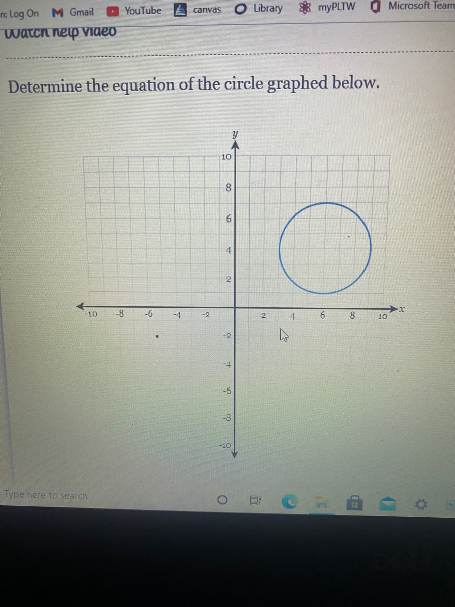 ---

**Determine the equation of the circle graphed below.**

![Graph of a circle centered at (4, 4) with a radius of 3](image_link_here)

To determine the equation of a circle, we use the standard form of the equation:
\[ (x - h)^2 + (y - k)^2 = r^2 \]
where \( (h, k) \) is the center of the circle and \( r \) is the radius.

From the graph:

- The center of the circle is at \( (4, 4) \).
- The radius of the circle is 3 units (determined by the distance from the center to any point on the circle).

Using these values, we substitute \( h = 4 \), \( k = 4 \), and \( r = 3 \) into the standard form equation:

\[ (x - 4)^2 + (y - 4)^2 = 3^2 \]
\[ (x - 4)^2 + (y - 4)^2 = 9 \]

Therefore, the equation of the circle is:
\[ (x - 4)^2 + (y - 4)^2 = 9 \]

In the graph provided, the circle is centered at point (4, 4) and extends 3 units outwards in all directions, forming a perfect circle around the center.

If you have any further questions or need additional help with graphing equations, please refer to our library of educational materials or consult the instructional videos available on our platform.

---