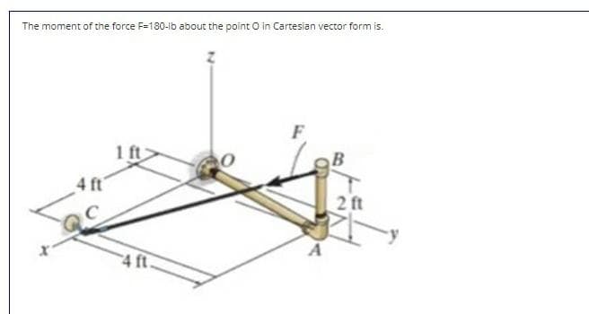 The moment of the force F=180-lb about the point O in Cartesian vector form is.
F
1 ft
4 ft'
2 ft
4 ft
