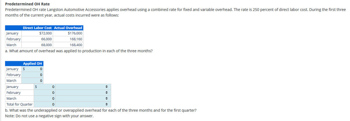 Predetermined OH Rate
Predetermined OH rate Langston Automotive Accessories applies overhead using a combined rate for fixed and variable overhead. The rate is 250 percent of direct labor cost. During the first three
months of the current year, actual costs incurred were as follows:
Direct Labor Cost Actual Overhead
$72,000
$176,000
66,000
68,000
168,160
168,400
a. What amount of overhead was applied to production in each of the three months?
January
February
March
Applied OH
0
0
January $
February
March
January
February
March
Total for Quarter
♦
♦
♦
◆
b. What was the underapplied or overapplied overhead for each of the three months and for the first quarter?
Note: Do not use a negative sign with your answer.
0
$
0
0
0
0