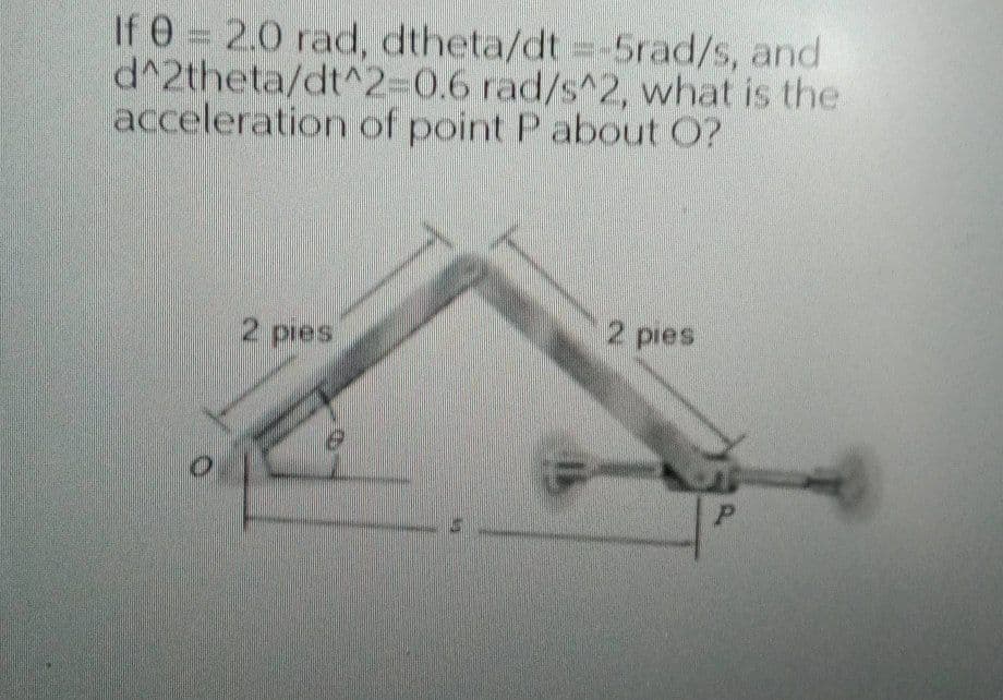 If 0 2.0 rad, dtheta/dt =-5rad/s, and
d^2theta/dt^23D0.6 rad/s^2, what is the
acceleration of point P about O?
2 pies
2 pies
