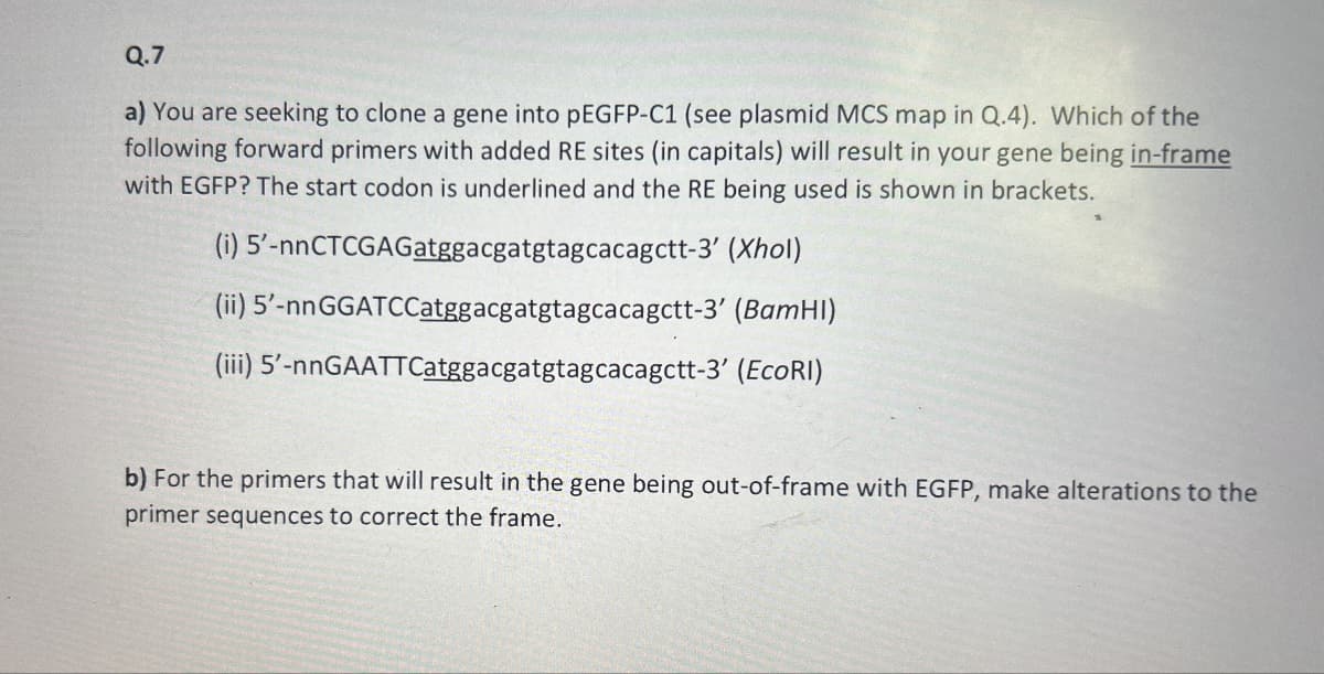 Q.7
a) You are seeking to clone a gene into pEGFP-C1 (see plasmid MCS map in Q.4). Which of the
following forward primers with added RE sites (in capitals) will result in your gene being in-frame
with EGFP? The start codon is underlined and the RE being used is shown in brackets.
(i) 5'-nnCTCGAGatggacgatgtagcacagctt-3' (Xhol)
(ii) 5'-nnGGATCCatggacgatgtagcacagctt-3' (BamHI)
(iii) 5'-nnGAATTCatggacgatgtagcacagctt-3' (EcoRI)
b) For the primers that will result in the gene being out-of-frame with EGFP, make alterations to the
primer sequences to correct the frame.