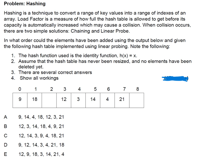 Problem: Hashing
Hashing is a technique to convert a range of key values into a range of indexes of an
array. Load Factor is a measure of how full the hash table is allowed to get before its
capacity is automatically increased which may cause a collision. When collision occurs,
there are two simple solutions: Chaining and Linear Probe.
In what order could the elements have been added using the output below and given
the following hash table implemented using linear probing. Note the following:
A
B
с
D
E
1. The hash function used is the identity function, h(x) = x.
2. Assume that the hash table has never been resized, and no elements have been
deleted yet.
3. There are several correct answers
4. Show all workings
0
9
1 2 3 4
18
12
23
9, 14, 4, 18, 12, 3, 21
12, 3, 14, 18, 4, 9, 21
12, 14, 3, 9, 4, 18, 21
9, 12, 14, 3, 4, 21, 18
12, 9, 18, 3, 14, 21, 4
5 6 7 8
14 4 21