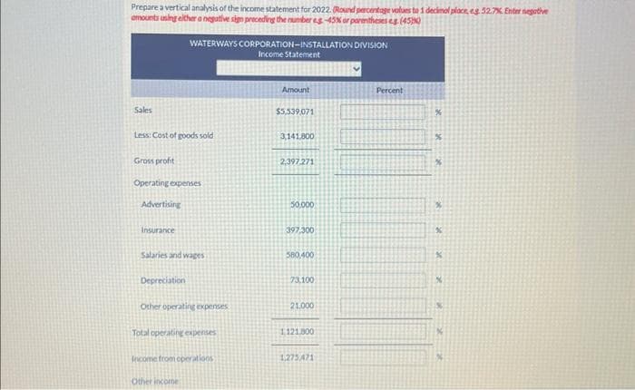 Prepare a vertical analysis of the income statement for 2022. (Round percentage values to 1 decimol place, eg. 52.7%. Enter negative
amounts using either a negative sign preceding the number es-45% or parentheses g. (45%)
Sales
Less: Cost of goods sold
Gross profit
Operating expenses
Advertising
Insurance
WATERWAYS CORPORATION-INSTALLATION DIVISION
Income Statement
Salaries and wages
Depreciation
Other operating expenses
Total operating expenses
Income from operations
Other income
Amount
$5,539,071
3,141.800
2,397.271
50.000
397,300
580,400
73.100
21.000
1121,800
1,275,471
Percent
%
%
%
%
%