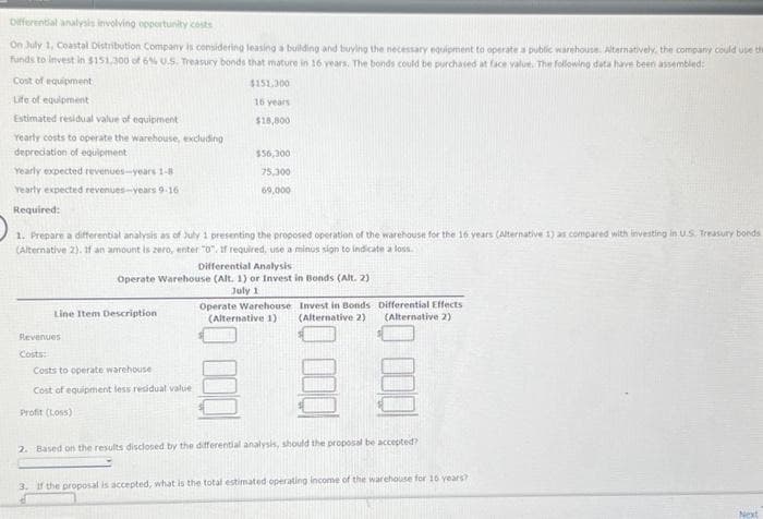 Differential analysis involving opportunity costs
On July 1, Coastal Distribution Company is considering leasing a building and buying the necessary equipment to operate a public warehouse. Alternatively, the company could use the
funds to invest in $151,300 of 6% U.S. Treasury bonds that mature in 16 years. The bonds could be purchased at face value. The following data have been assembled:
Cost of equipment
Life of equipment
Estimated residual value of equipment
Yearly costs to operate the warehouse, excluding
depreciation of equipment
Yearly expected revenues-years 1-8
Yearly expected revenues-years 9-16
Required:
1. Prepare a differential analysis as of July 1 presenting the proposed operation of the warehouse for the 16 years (Alternative 1) as compared with investing in U.S. Treasury bonds
(Alternative 2). If an amount is zero, enter "0". If required, use a minus sign to indicate a loss.
Line Item Description
Revenues
Costs:
$151,300
16 years
$18,800
$56,300
75,300
69,000
Differential Analysis
Operate Warehouse (Alt. 1) or Invest in Bonds (Alt. 2);
July 11
Costs to operate warehouse
Cost of equipment less residual value
Profit (Loss)
Operate Warehouse Invest in Bonds Differential Effects.
(Alternative 1) (Alternative 2) (Alternative 2)
2. Based on the results disclosed by the differential analysis, should the proposal be accepted?
3. If the proposal is accepted, what is the total estimated operating income of the warehouse for 16 years?
Next