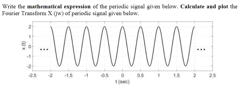 Write the mathematical expression of the periodic signal given below. Calculate and plot the
Fourier Transform X (jw) of periodic signal given below.
-WWWW-
2
...
-1
-2
-2.5
-2
-1.5
-1
-0.5
0.5
1
1.5
2.5
t (sec)
2.
(1) x
