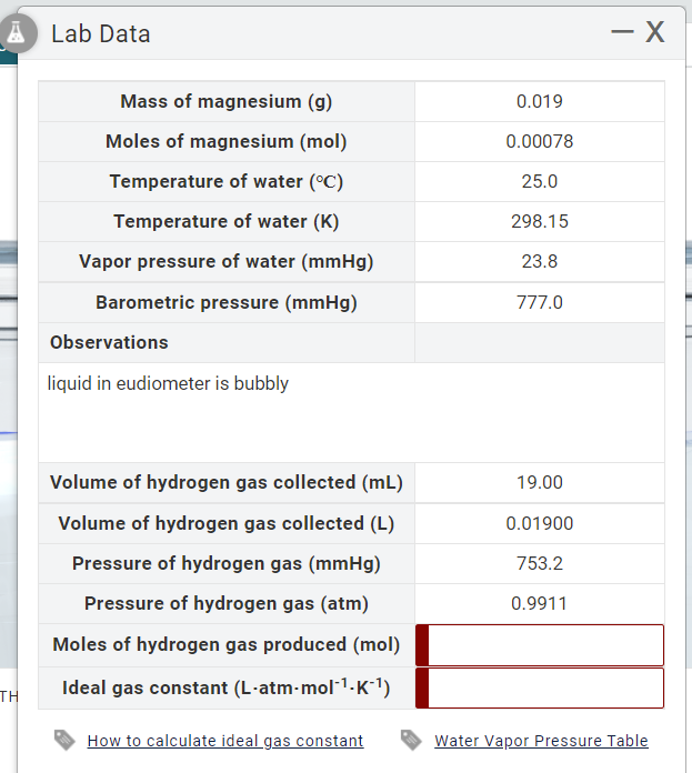 A Lab Data
- X
Mass of magnesium (g)
0.019
Moles of magnesium (mol)
0.00078
Temperature of water (°C)
25.0
Temperature of water (K)
298.15
Vapor pressure of water (mmHg)
23.8
Barometric pressure (mmHg)
777.0
Observations
liquid in eudiometer is bubbly
Volume of hydrogen gas collected (mL)
19.00
Volume of hydrogen gas collected (L)
0.01900
Pressure of hydrogen gas (mmHg)
753.2
Pressure of hydrogen gas (atm)
0.9911
Moles of hydrogen gas produced (mol)
TH
Ideal gas constant (L-atm-mol-1-K-1)
How to calculate ideal gas constant
Water Vapor Pressure Table
