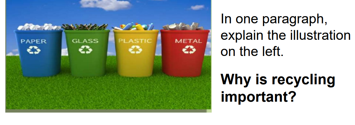 PAPER
GLASS
PLASTIC
METAL
In one paragraph,
explain the illustration
on the left.
Why is recycling
important?