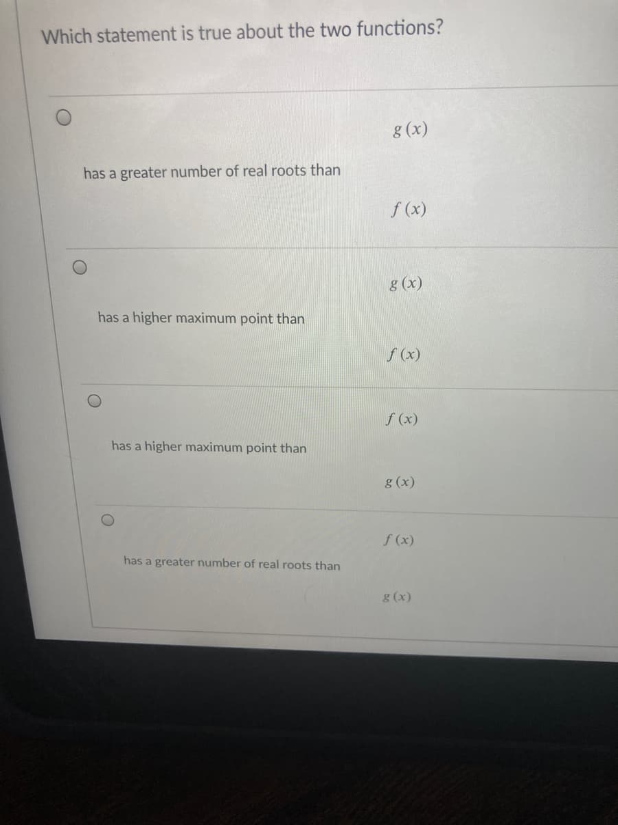 Which statement is true about the two functions?
g (x)
has a greater number of real roots than
f (x)
8 (x)
has a higher maximum point than
S (x)
f (x)
has a higher maximum point than
g (x)
f (x)
has a greater number of real roots than
g (x)
