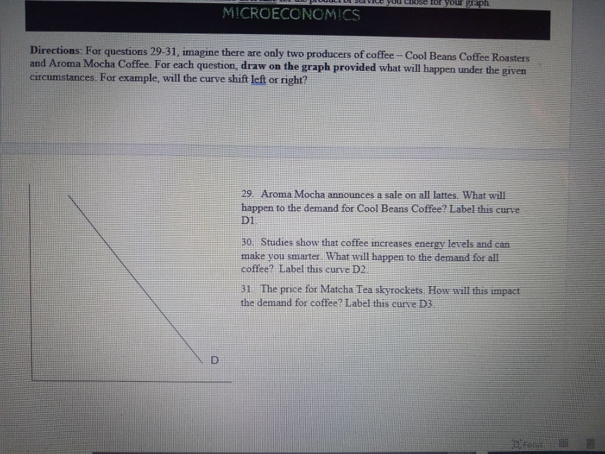 SeIVIce you Chose for your graph
MICROECONOMICS
Directions: For questions 29-31, imagine there are only two producers of coffee-Cool Beans Coffee Roasters
and Aroma Mocha Coffee. For each question, draw on the graph provided what will happen under the given
circumstances.. For example, will the curve shift left or right?
29 Aroma Mocha announces a sale on all lattes. What will
happen to the demand for Cool Beans Coffee? Label this curve
Di
30 Studies show that coffee increases energy levels and can
make you smarter. What will happen to the demand for all
coffee? Label this curve D2.
31 The price for Matcha Tea skyrockets How will this impact
the demand for coffee? Label this curve D3
D
