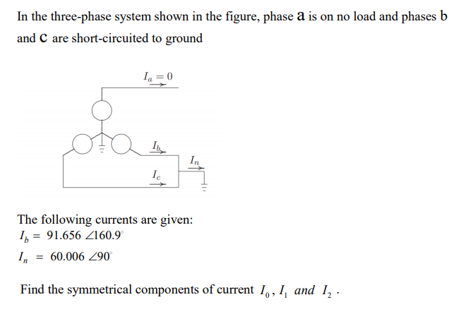 In the three-phase system shown in the figure, phase a is on no load and phases b
and C are short-circuited to ground
Ia = 0
In
Ie
The following currents are given:
I, = 91.656 Z160.9°
I, = 60.006 Z90°
Find the symmetrical components of current 1,, I, and 1, .
