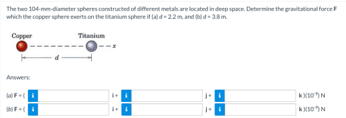 The two 104-mm-diameter spheres constructed of different metals are located in deep space. Determine the gravitational force F
which the copper sphere exerts on the titanium sphere if (a) d = 2.2 m, and (b) d = 3.8 m.
Copper
Answers:
(a) F-(i
(b) F=(i
Titanium
i
k) (10⁹) N
k)(109) N