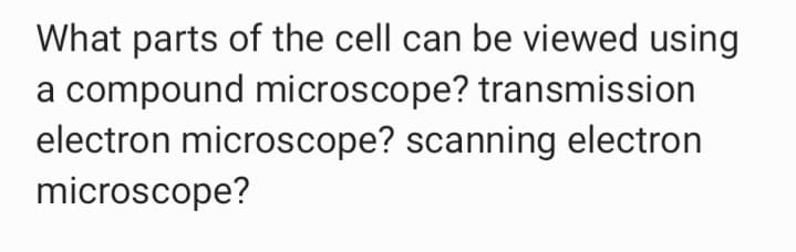 What parts of the cell can be viewed using
a compound microscope? transmission
electron microscope? scanning electron
microscope?