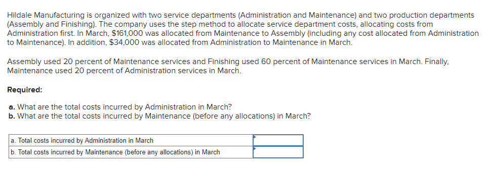 Hildale Manufacturing is organized with two service departments (Administration and Maintenance) and two production departments
(Assembly and Finishing). The company uses the step method to allocate service department costs, allocating costs from
Administration first. In March, $161,000 was allocated from Maintenance to Assembly (including any cost allocated from Administration
to Maintenance). In addition, $34,000 was allocated from Administration to Maintenance in March.
Assembly used 20 percent of Maintenance services and Finishing used 60 percent of Maintenance services in March. Finally,
Maintenance used 20 percent of Administration services in March.
Required:
a. What are the total costs incurred by Administration in March?
b. What are the total costs incurred by Maintenance (before any allocations) in March?
a. Total costs incurred by Administration in March
b. Total costs incurred by Maintenance (before any allocations) in March