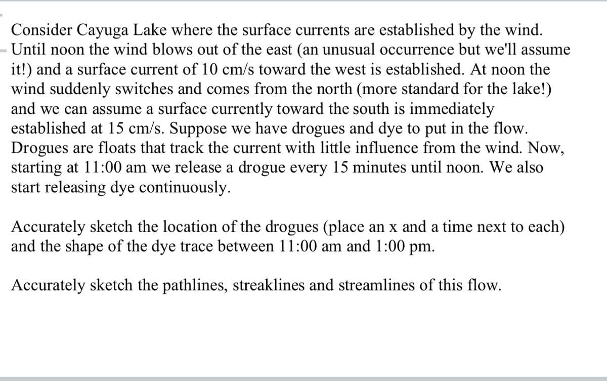 Consider Cayuga Lake where the surface currents are established by the wind.
Until noon the wind blows out of the east (an unusual occurrence but we'll assume
it!) and a surface current of 10 cm/s toward the west is established. At noon the
wind suddenly switches and comes from the north (more standard for the lake!)
and we can assume a surface currently toward the south is immediately
established at 15 cm/s. Suppose we have drogues and dye to put in the flow.
Drogues are floats that track the current with little influence from the wind. Now,
starting at 11:00 am we release a drogue every 15 minutes until noon. We also
start releasing dye continuously.
Accurately sketch the location of the drogues (place an x and a time next to each)
and the shape of the dye trace between 11:00 am and 1:00 pm.
Accurately sketch the pathlines, streaklines and streamlines of this flow.
