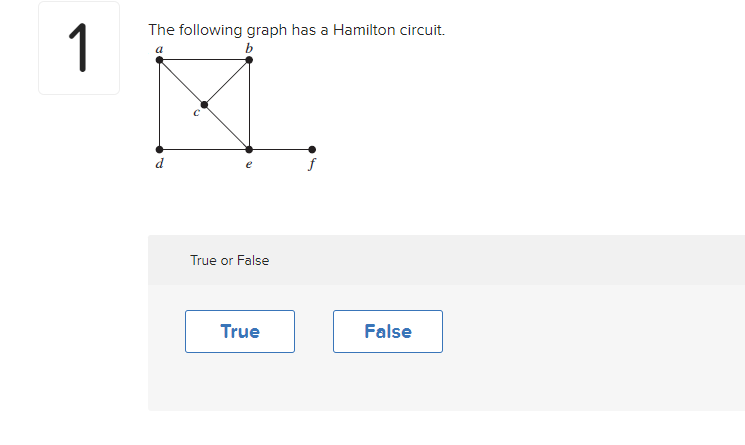 1
The following graph has a Hamilton circuit.
a
b
True or False
True
False