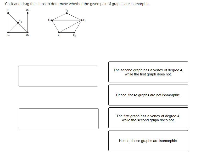 Click and drag the steps to determine whether the given pair of graphs are isomorphic.
U₁
1₂
14
15
13
V50
V4
V₁
V3
The second graph has a vertex of degree 4,
while the first graph does not.
Hence, these graphs are not isomorphic.
The first graph has a vertex of degree 4,
while the second graph does not.
Hence, these graphs are isomorphic.