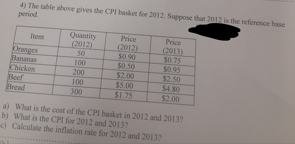 4) The table above gives the CPI basket for 2012. Suppose that 2012 is the reference base
period.
Beef
Bread
21
Item
Oranges
Bananas
Chicken
Quantity
(2012)
50
100
200
100
300
Price
(2012)
$0.90
$0.50
$2.00
$5.00
$1.75
Price
(2013)
$0.75
$0.95
$2.50
$4.80
$2.00
a) What is the cost of the CPI basket in 2012 and 2013?
b) What is the CPI for 2012 and 2013?
c) Calculate the inflation rate for 2012 and 2013?