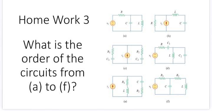 R
Home Work 3
ww
(a)
(b)
What is the
order of the
R
(c)
(d)
circuits from
ww
ww
(a) to (f)?
R2
(e)
(f)
wwHH
H ww
le
LwH
