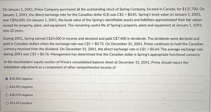 On January 1, 20X1, Prime Company purchased all the outstanding stock of Spring Company, located in Canada, for $137,700. On
January 1, 20X1, the direct exchange rate for the Canadian dollar (C$) was C$1 = $0.81. Spring's book value on January 1, 20X1,
was C$96,000. On January 1, 20X1, the book value of the Spring's identifiable assets and liabilities approximated their fair values
except for property, plant, and equipment. The remaining useful life of Spring's property, plant and equipment at January 1, 20X1,
was 10 years.
During 20X1, Spring earned C$24,000 in income and declared and paid C$7,400 in dividends. The dividends were declared and
paid in Canadian dollars when the exchange rate was C$1 = $0.75. On December 31, 20X1, Prime continues to hold the Canadian
currency received from the dividend. On December 31, 20X1, the direct exchange rate is C$1 = $0.64. The average exchange rate
during 20X1 was C$1 = $0.76. Management has determined that the Canadian dollar is Spring's appropriate functional currency.
In the stockholders' equity section of Prime's consolidated balance sheet at December 31, 20X1, Prime should report the
translation adjustment as a component of other comprehensive income of
$18,300 negative
O $24,392 negative
O $30,078 negative
O $11,672 positive