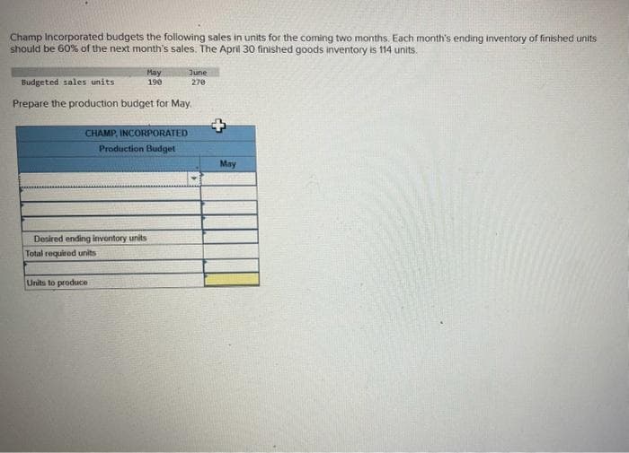 Champ Incorporated budgets the following sales in units for the coming two months. Each month's ending inventory of finished units
should be 60% of the next month's sales. The April 30 finished goods inventory is 114 units.
May
190
Budgeted sales units
Prepare the production budget for May.
CHAMP, INCORPORATED
Production Budget
Desired ending inventory units
Total required units
Units to produce
June
270
May