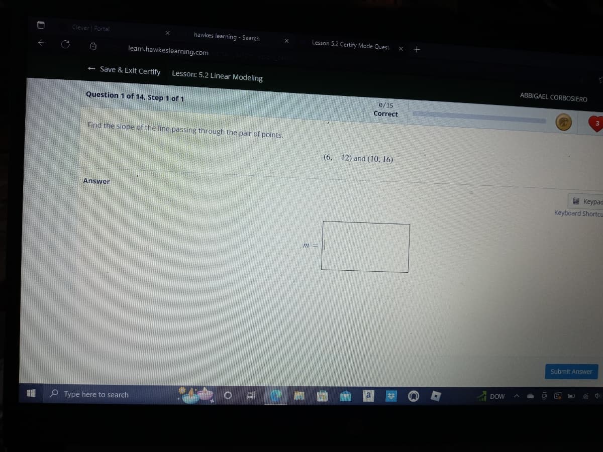 **Lesson: 5.2 Linear Modeling**

---

**Question 1 of 14, Step 1 of 1**

**Task:**  
Find the slope of the line passing through the pair of points:

\((6, -12)\) and \((10, 16)\)

**Prompt for Answer:**  
\[ m = \]

---

To find the slope (\(m\)) of a line between two points \((x_1, y_1)\) and \((x_2, y_2)\), use the formula:

\[ m = \frac{y_2 - y_1}{x_2 - x_1} \]

Apply this formula to the given points:

\[ m = \frac{16 - (-12)}{10 - 6} = \frac{28}{4} = 7 \]

Thus, the slope of the line is \( m = 7 \). 

**Submit Answer** button is available for entering your solution.