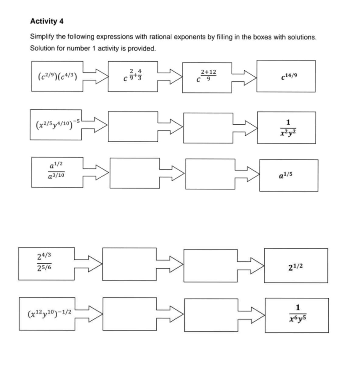 Activity 4
Simplify the following expressions with rational exponents by filling in the boxes with solutions.
Solution for number 1 activity is provided.
(c리9)(c4/3)
2+12
C 9
c14/9
-5
(x³/5y+/10)"
1
x²y?
a/2
a3/10
a!/5
24/3
25/6
21/2
(x1²y10)-1/2
1
xóy5
