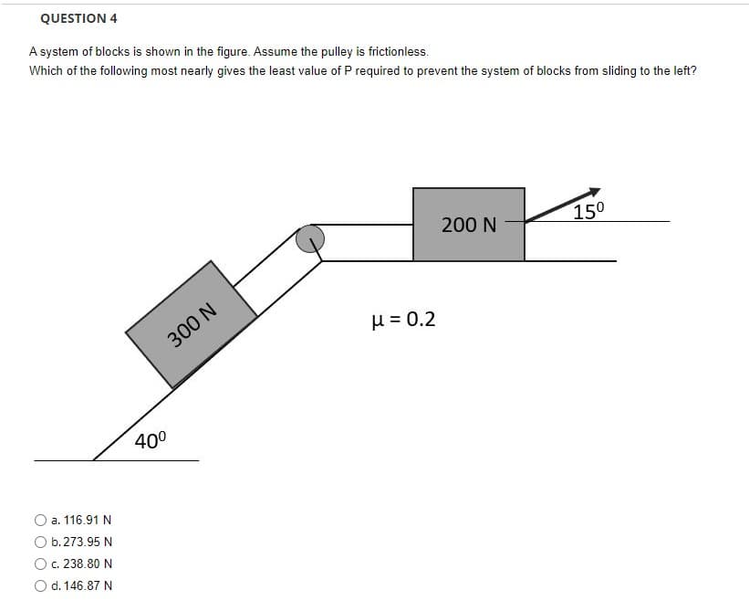 QUESTION 4
A system of blocks is shown in the figure. Assume the pulley is frictionless.
Which of the following most nearly gives the least value of P required to prevent the system of blocks from sliding to the left?
a. 116.91 N
O b. 273.95 N
O c. 238.80 N
O d. 146.87 N
300 N
40⁰
μ = 0.2
200 N
15⁰