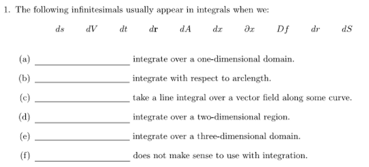 1. The following infinitesimals usually appear in integrals when we:
ds
AP
dt
dr
dA
da
Df
dr
ds
(a)
integrate over a one-dimensional domain.
(b)
integrate with respect to arclength.
(c)
take a line integral over a vector field along some curve.
(d)
integrate over a two-dimensional region.
(e)
integrate over a three-dimensional domain.
(f)
does not make sense to use with integration.
