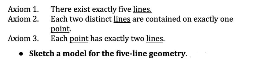 There exist exactly five lines.
Each two distinct lines are contained on exactly one
point.
Each point has exactly two lines.
Ахiom 1.
Ахiom 2.
Ахiom 3.
• Sketch a model for the five-line geometry.
