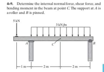 4-9. Determine the internal normal force, shear force, and
bending moment in the beam at point C. The support at A is
a roller and B is pinned.
SAN
3 kN Am
2 m
2 m
