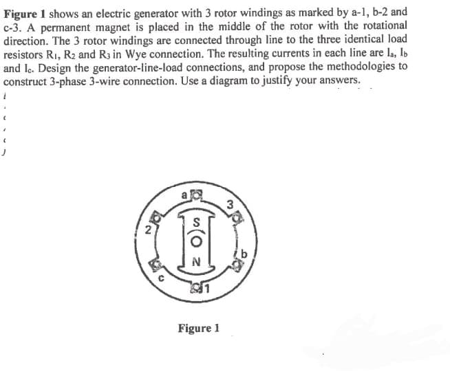 Figure 1 shows an electric generator with 3 rotor windings as marked by a-1, b-2 and
c-3. A permanent magnet is placed in the middle of the rotor with the rotational
direction. The 3 rotor windings are connected through line to the three identical load
resistors R₁, R₂ and R3 in Wye connection. The resulting currents in each line are la, lb
and Ic. Design the generator-line-load connections, and propose the methodologies to
construct 3-phase 3-wire connection. Use a diagram to justify your answers.
D
(0
N
$1
Figure 1