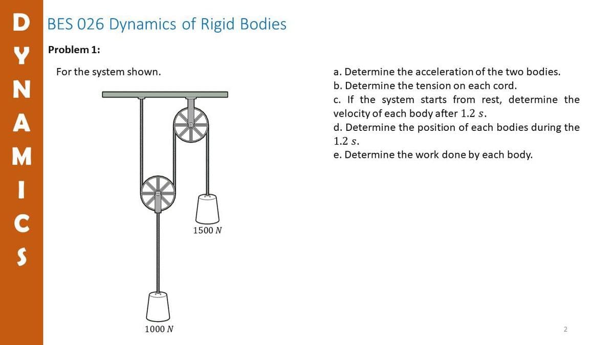 D BES 026 Dynamics of Rigid Bodies
Problem 1:
Y
For the system shown.
a. Determine the acceleration of the two bodies.
b. Determine the tension on each cord.
c. If the system starts from rest, determine the
velocity of each body after 1.2 s.
d. Determine the position of each bodies during the
A
1.2 s.
e. Determine the work done by each body.
C
1500 N
1000 N

