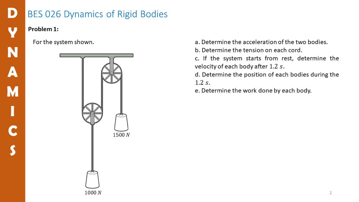 D BES 026 Dynamics of Rigid Bodies
Problem 1:
Y
For the system shown.
a. Determine the acceleration of the two bodies.
b. Determine the tension on each cord.
c. If the system starts from rest, determine the
A
velocity of each body after 1.2 s.
d. Determine the position of each bodies during the
1.2 s.
e. Determine the work done by each body.
C
1500 N
1000 N
