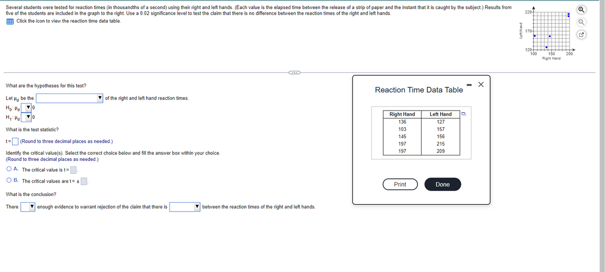 Several students were tested for reaction times (in thousandths of a second) using their right and left hands. (Each value is the elapsed time between the release of a strip of paper and the instant that it is caught by the subject.) Results from
five of the students are included in the graph to the right. Use a 0.02 significance level to test the claim that there is no difference between the reaction times of the right and left hands.
Click the icon to view the reaction time data table.
What are the hypotheses for this test?
Let be the
Ho: Ha
▼0
H₁: Pa
▼0
What is the test statistic?
t= (Round to three decimal places as needed.)
Identify the critical value(s). Select the correct choice below and fill the answer box within your choice.
(Round to three decimal places as needed.)
O A. The critical value is t=
O B. The critical values are t = t
What is the conclusion?
There
of the right and left hand reaction times.
enough evidence to warrant rejection of the claim that there is
C
between the reaction times of the right and left hands.
Reaction Time Data Table
Right Hand
136
103
145
197
197
Print
Left Hand
127
157
156
215
209
Done
D
X
Left Hand
220-
170-
120+
100
C
a
150
Right Hand
200
Q
Q
✔