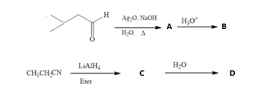 H
Ag,O, NaOH
H;O*
A
► B
H,O, A
LIAIH,
CH;CH̟CN
D
Eter
