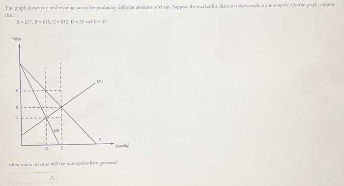 The graph shows cost and revenue curves for producing different amounts of chairs. Suppose the market for chairs in this example is a monopoly. On the graph, suppose
that:
A-$37, B-$15, C-$12, D=30 and E-43.
Price
B
I
D
MR
1
E
MC
D
Quantity
How much revenue will the monopolist firm generate?