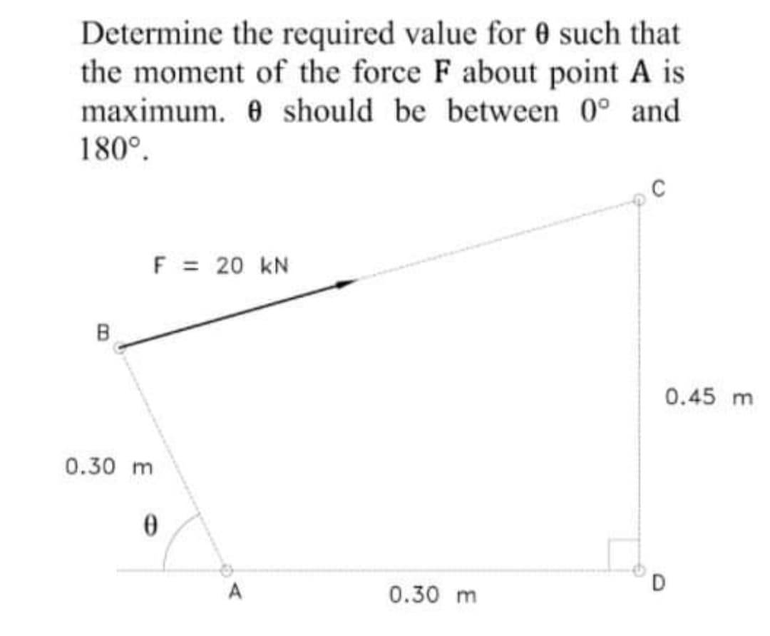 Determine the required value for 0 such that
the moment of the force F about point A is
maximum. 0 should be between 0° and
180°.
F = 20 kN
B
0.45 m
0.30 m
0.30 m
