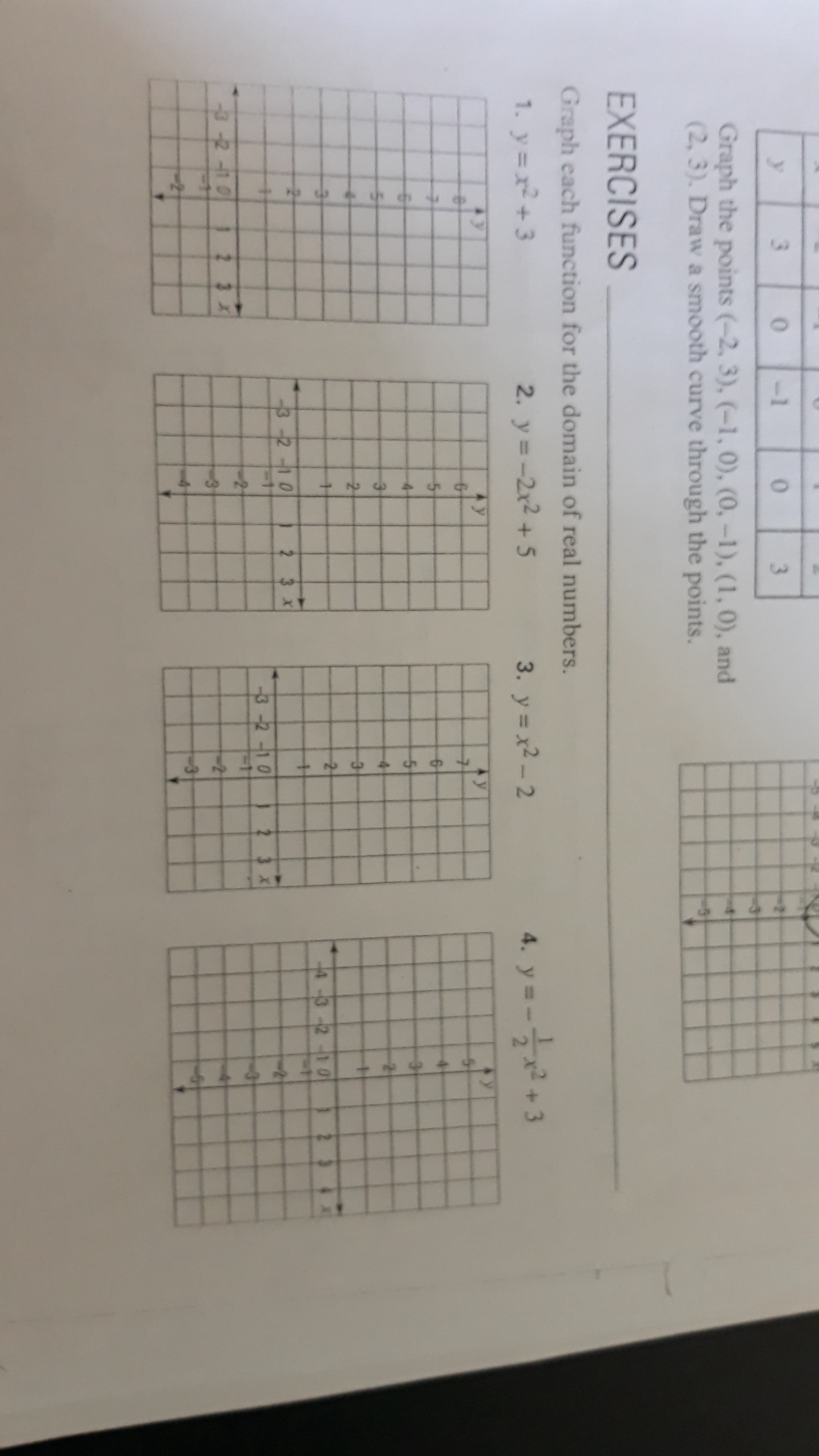 ## Exercises

### Graph Each Function for the Domain of Real Numbers

1. **Function: \(y = x^2 + 3\)**
   - **Description**: This is a quadratic function that opens upwards. The vertex of the parabola is at (0, 3). The graph is symmetrical about the y-axis.
   - **Graph**: 
     - **X-Axis Range**: -5 to 5
     - **Y-Axis Range**: -1 to 6
     - **Key Points**: 
       - When \(x = -2\), \(y = 7\)
       - When \(x = -1\), \(y = 4\)
       - When \(x = 0\), \(y = 3\)
       - When \(x = 1\), \(y = 4\)
       - When \(x = 2\), \(y = 7\)

2. **Function: \(y = -2x^2 + 5\)**
   - **Description**: This is an inverted quadratic function due to the negative coefficient. The parabola opens downwards, and its vertex is at (0, 5).
   - **Graph**: 
     - **X-Axis Range**: -5 to 5
     - **Y-Axis Range**: -5 to 6
     - **Key Points**: 
       - When \(x = -2\), \(y = -3\)
       - When \(x = -1\), \(y = 3\)
       - When \(x = 0\), \(y = 5\)
       - When \(x = 1\), \(y = 3\)
       - When \(x = 2\), \(y = -3\)

3. **Function: \(y = x^2 - 2\)**
   - **Description**: This is a quadratic function that opens upwards. The vertex of the parabola is at (0, -2). The graph is symmetrical about the y-axis.
   - **Graph**: 
     - **X-Axis Range**: -5 to 5
     - **Y-Axis Range**: -3 to 6
     - **Key Points**: 
       - When \(x = -2\), \(y = 2\