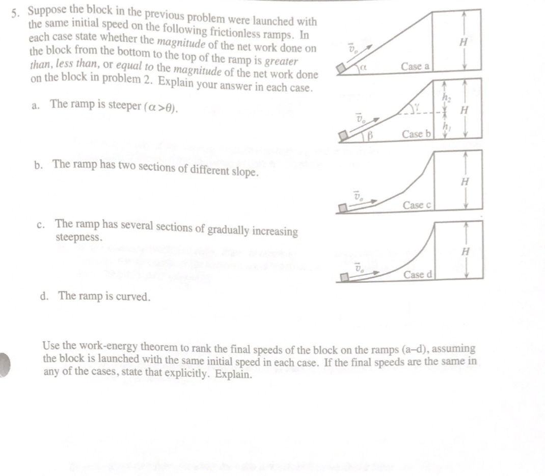 s Suppose the block in the previous problem were launched with
the same initial speed on the following frictionless ramps. In
each case state whether the magnitude of the net work done on
the block from the bottom to the top of the ramp is greater
than, less than, or equal to the magnitude of the net work done
on the block in problem 2. Explain your answer in each case.
Case a
a. The ramp is steeper (a>0).
H
1B
Case b
b. The ramp has two sections of different slope.
Case c
c. The ramp has several sections of gradually increasing
steepness.
Case d
d. The ramp is curved.
Use the work-energy theorem to rank the final speeds of the block on the ramps (a-d), assuming
the block is launched with the same initial speed in each case. If the final speeds are the same in
any of the cases, state that explicitly. Explain.
